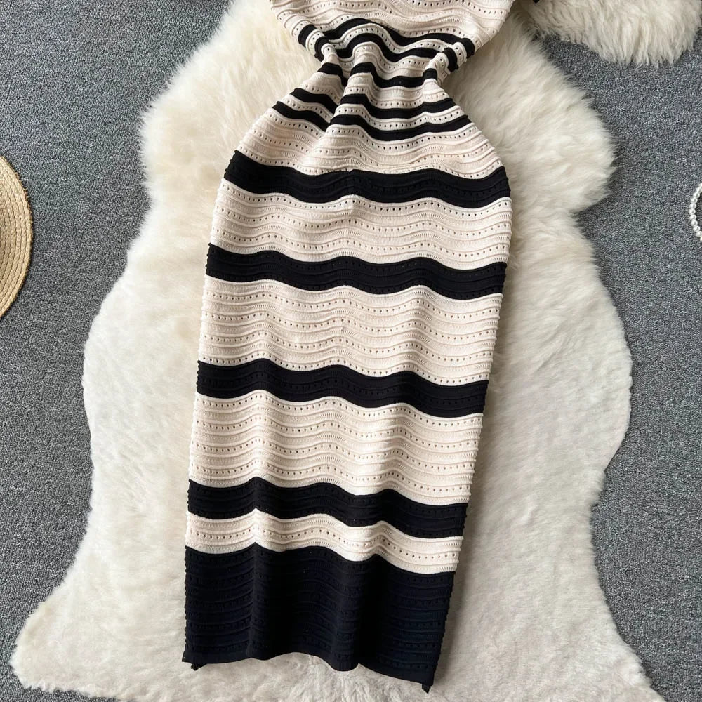 Short Sleeves Striped Long Dress Lapel Neck Hollow Out Slim Bodycon Sundress Fashion Hotsweet Knitted Beach Midi Dress