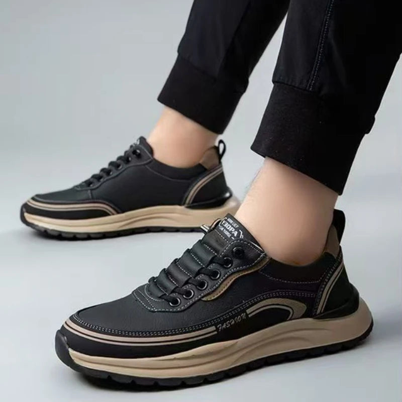 Brand Men's PU Leather Casuals Tendon Sole Lace Up Platform Work Shoes Low Top Light Non-slip Outdoor Versatile Vulcanized Shoes