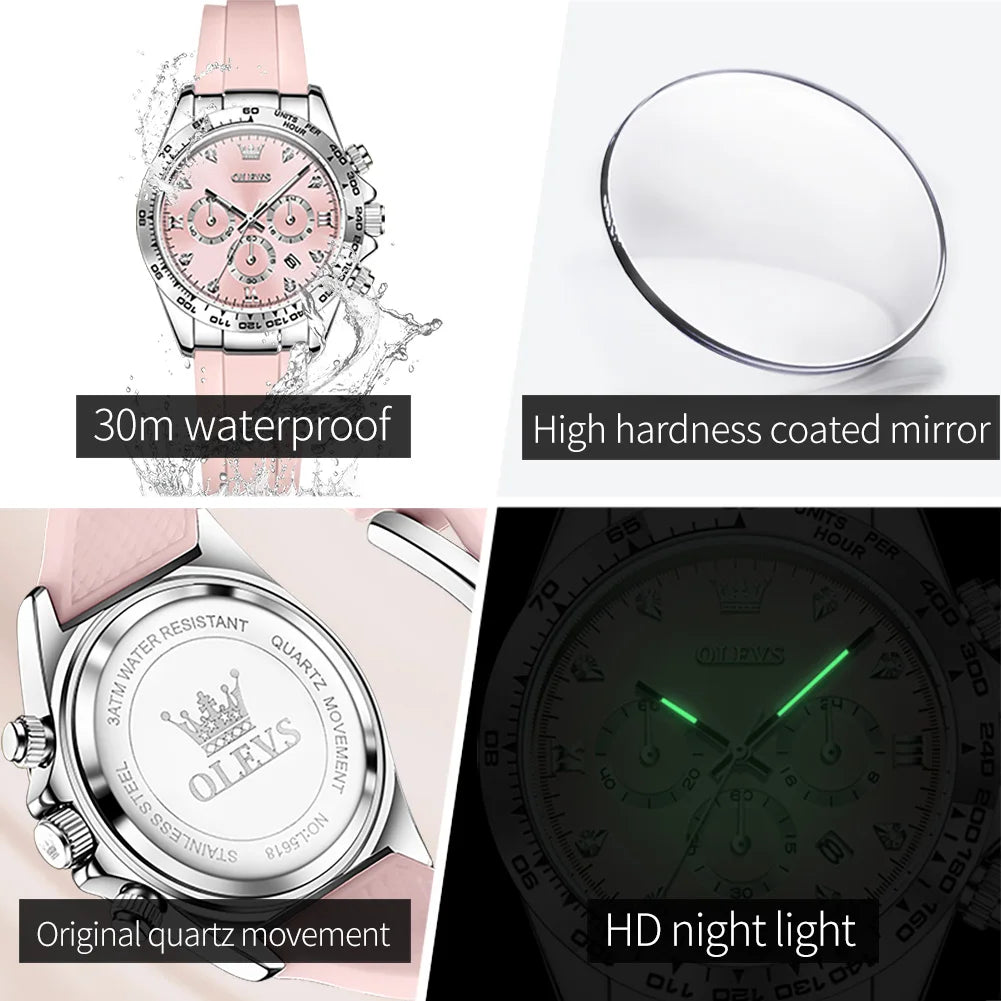 OLEVS 5618 Women Watch HD Multi functional Waterproof Luminous Chronograph Sports Silicone Strap Luxury Brand Quartz Women Watch
