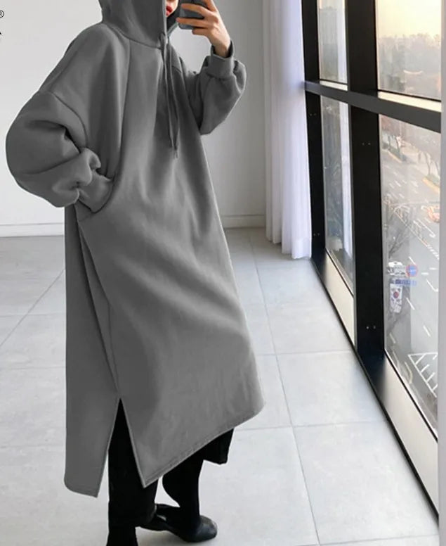 2025 Thicken Autumn Winter Women Oversized Hoodie Long Dress Solid Fashion Long Sleeve Female Clothing Casual Loose New Dresses