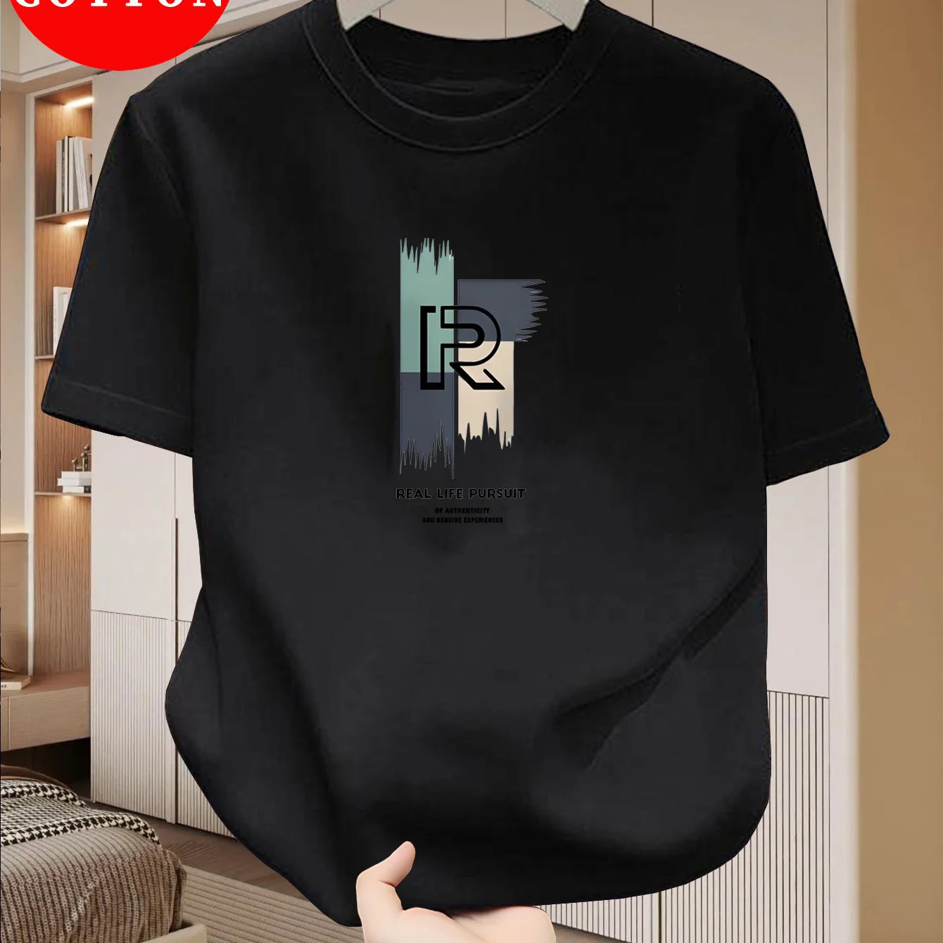 Men's 100% pure cotton casual loose modern abstract letter and "at time" pattern printed round neck short sleeved T-shirt top