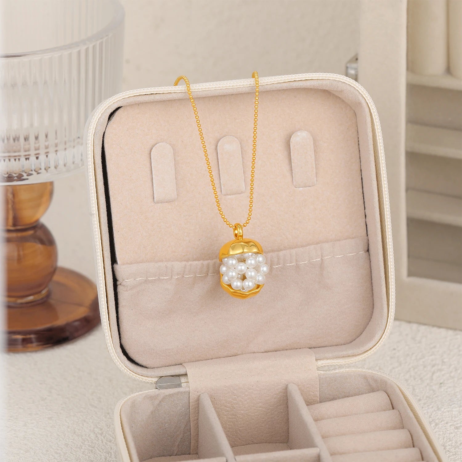 18K Gold Plated Pearls Pendant Necklace Waterproof Stainless Steel Round Bead Chain Chunky Geometric Femal Party Jewelry Gifts