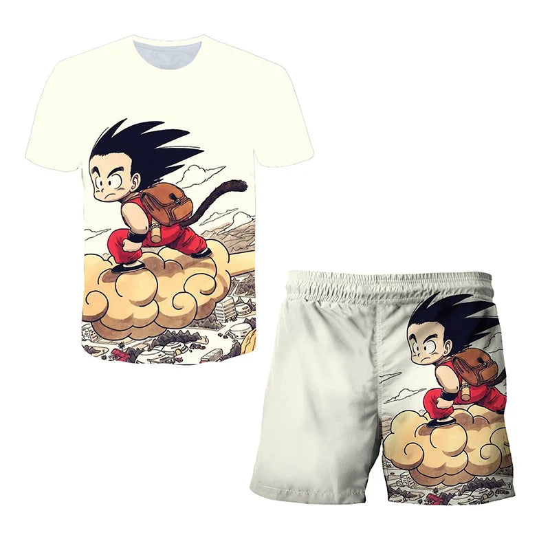 Japanese cartoon Dragon Ball Z T-shirt children's top T-shirt shorts two-piece set for summer boys T-shirt+shorts beach pants