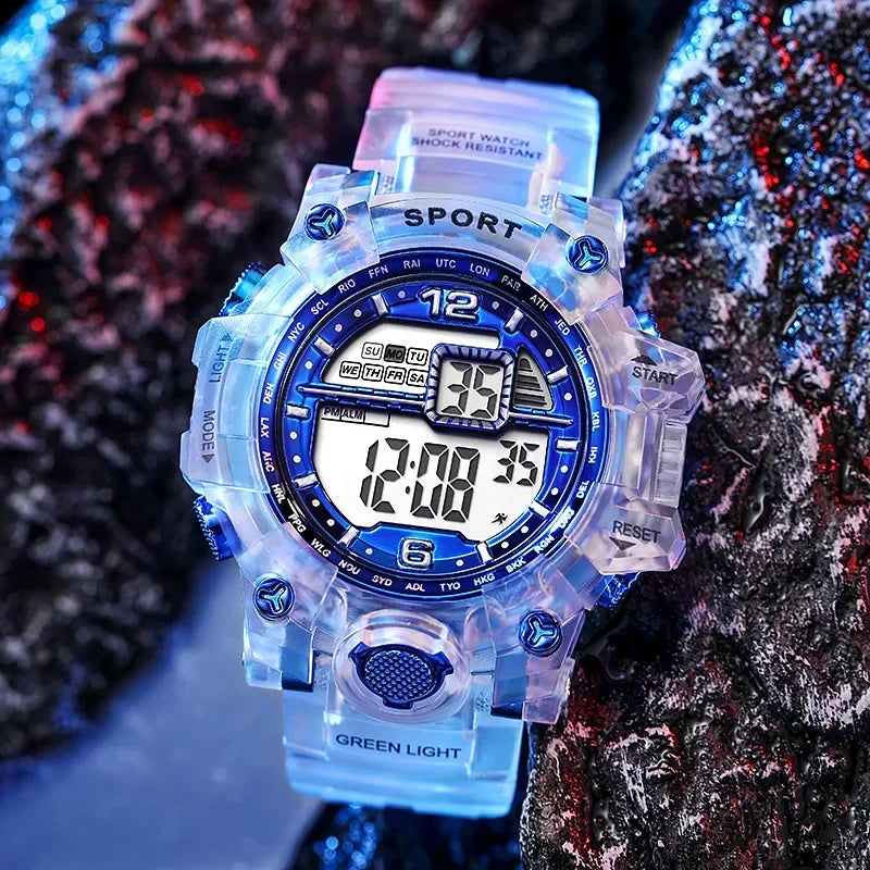 Outdoor Sport Transparent Digital Watch Men Women Alarm Clock 5Bar Waterproof Shock Creative Watches LED Display Wristwatch