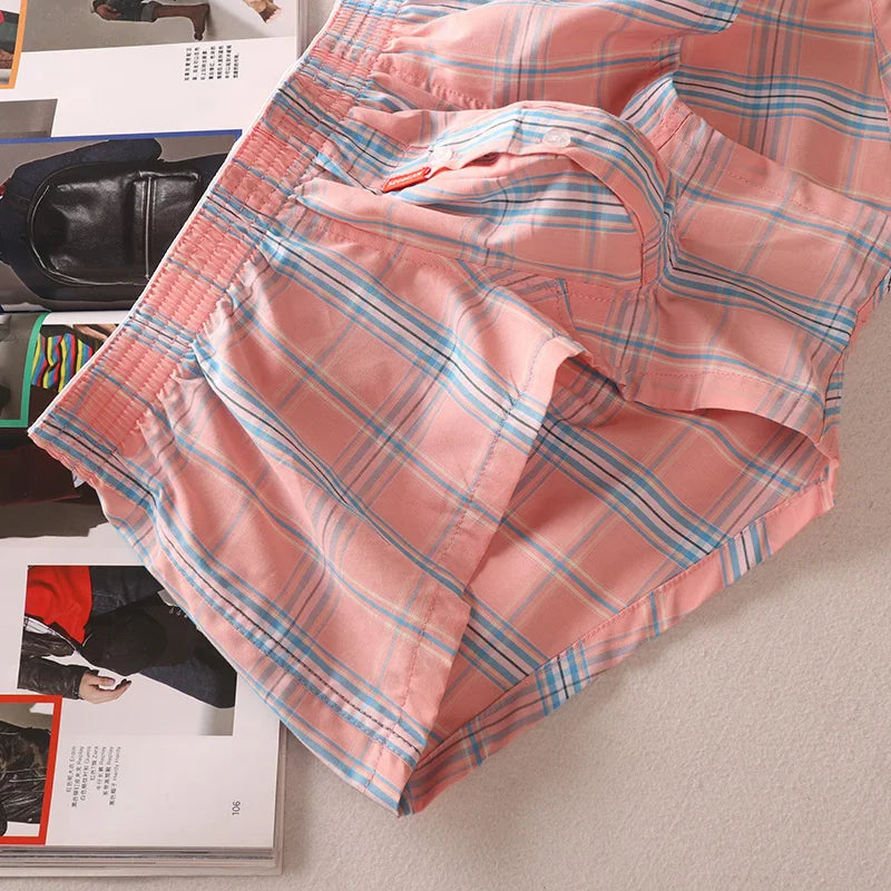 SEOBEAN MENS SEXY COTTON SHORTS HOME COMFORT CHECKERED FIT TRUNKS