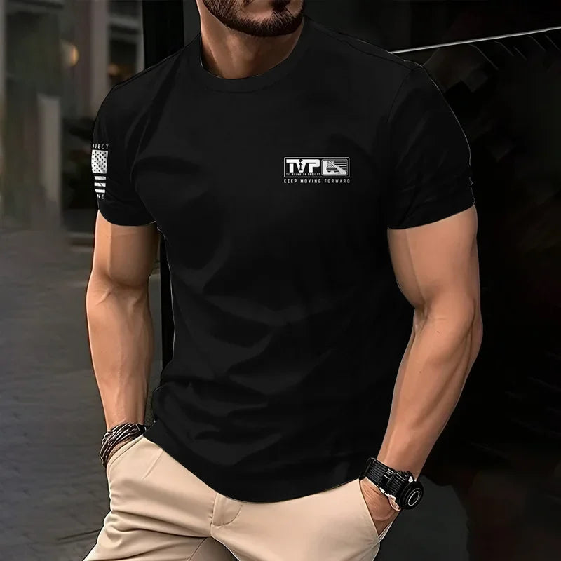 Retro American men's T-shirt casual wear, crew collar short-sleeved top, outdoor simple daily men's breathable sports T-shirt