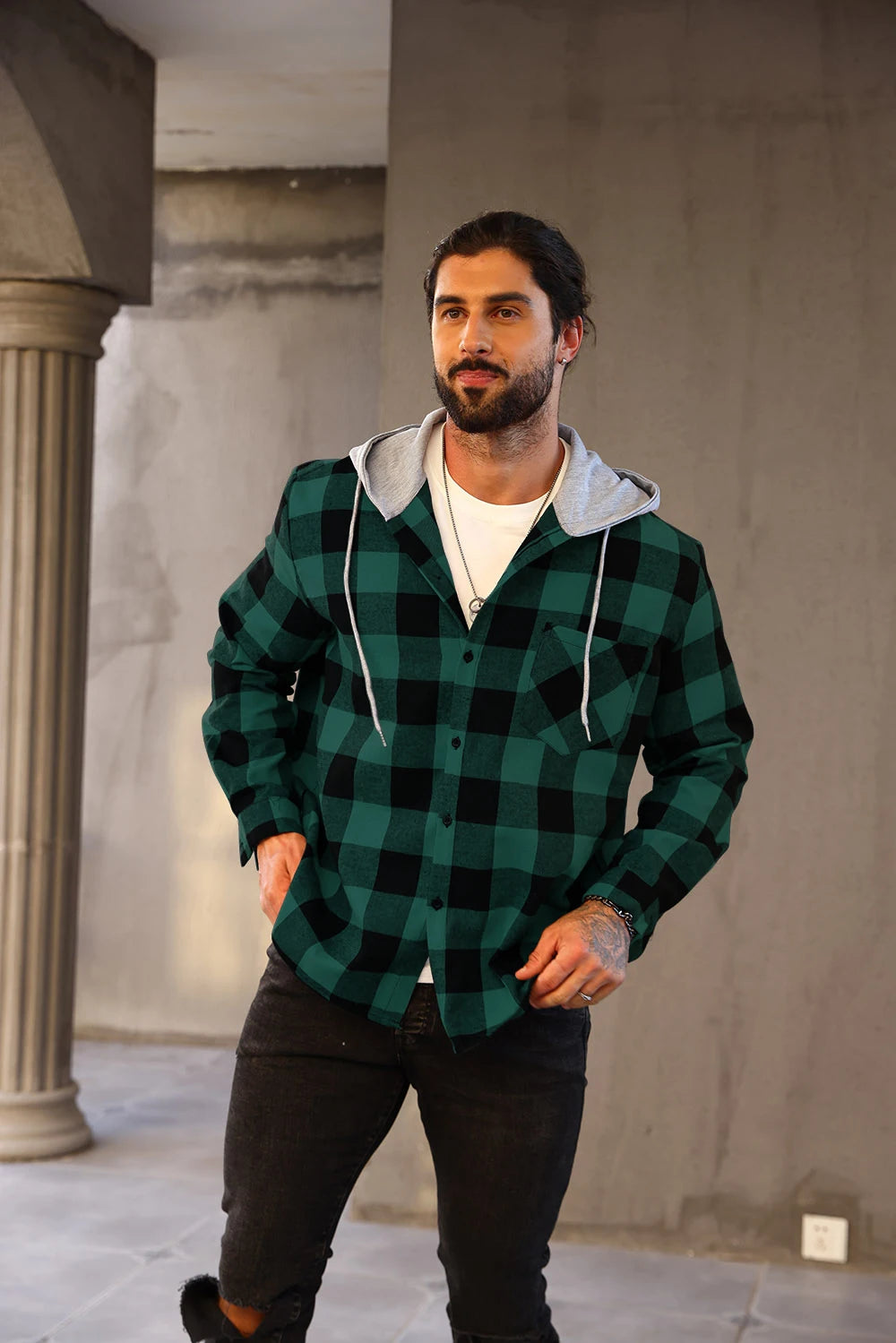 Mens Colorful Plaid Hooded Cardigan Color Block Sweatshirt with Pockets Top Jacket