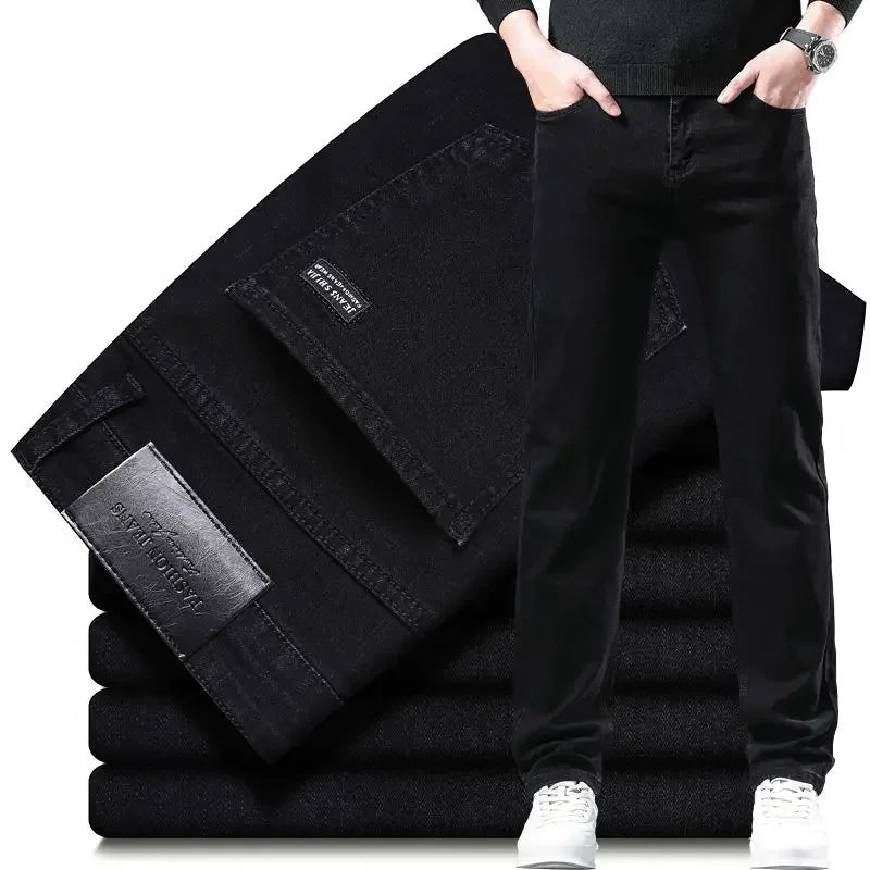 Amekaji Men Fashion  Slim Fit Jeans Male Elasticity Smart Casual Mid Classics Straight Denim Pants Wedding Party Black Trousers