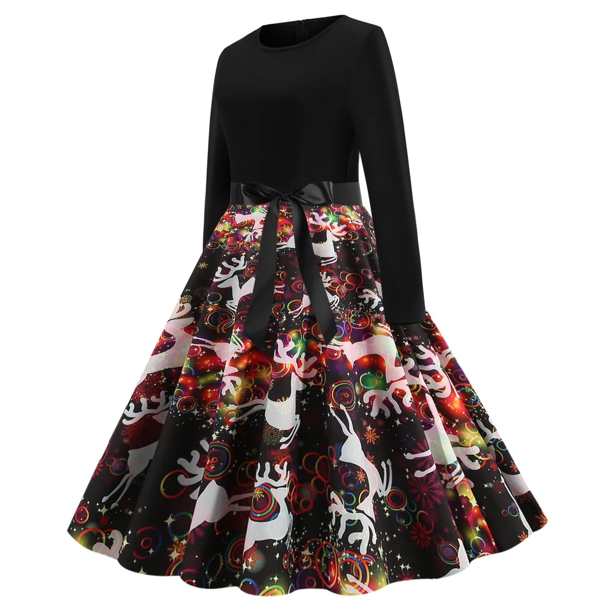 Elegant Digital Print Long Sleeve round Neck Dress with Belt Midi Skirt Large Swing Christmas Theme Cross-Border Knitted Fabric