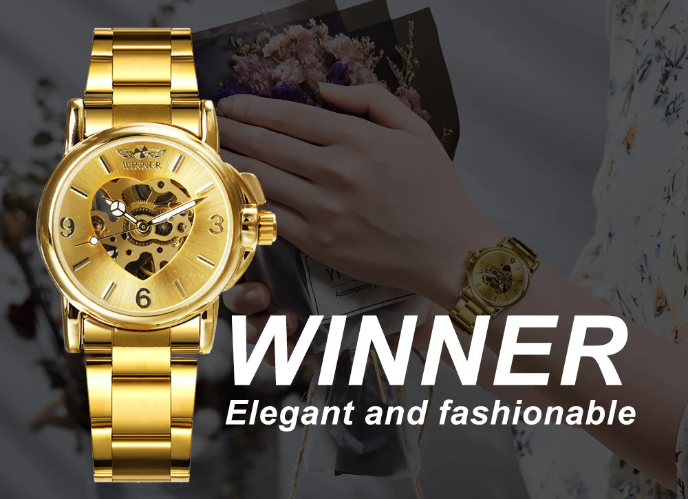 WINNER Fashion Skeleton Watch for Women Elegant Luxury Brand Automatic Mechanical Ladies Watches Gold Stainless Steel Strap 2023