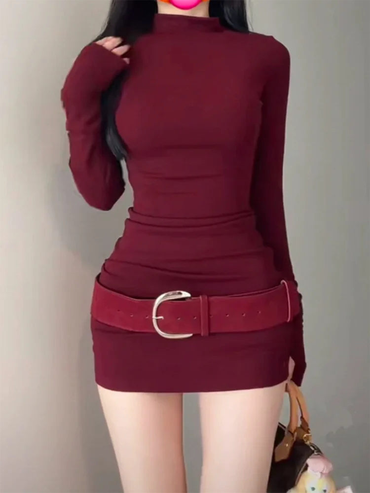 Long Sleeve Slim Bodycon Mini Dress Women Turtleneck Party Christmas Short Evening Club Outfit Dresses Belt Soild Color