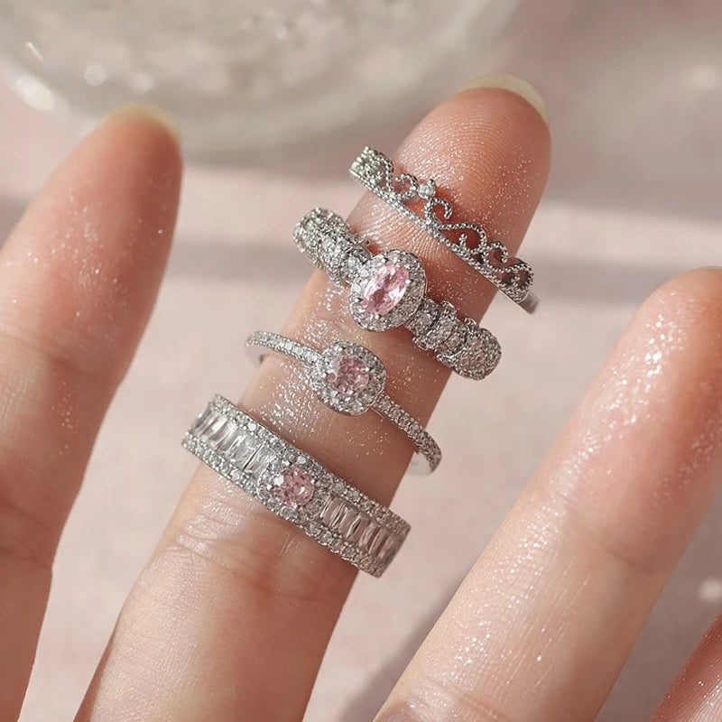2023 New Fashion Korean Love Heart Pink Rhinestone Silver Color Open Ring for Women Shiny Luxury Adjustable Rings Jewelry Gifts