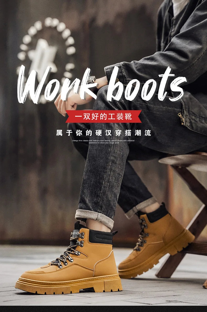 New Men's Leather Boots Brand Retro Comfortable Boots for Men 2025 Fashion High Top Non Slip Casual Shoes Business Work Shoes