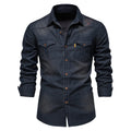 Men's casual solid - color long - sleeve denim shirt, a fashionable and versatile breathable cotton coat.