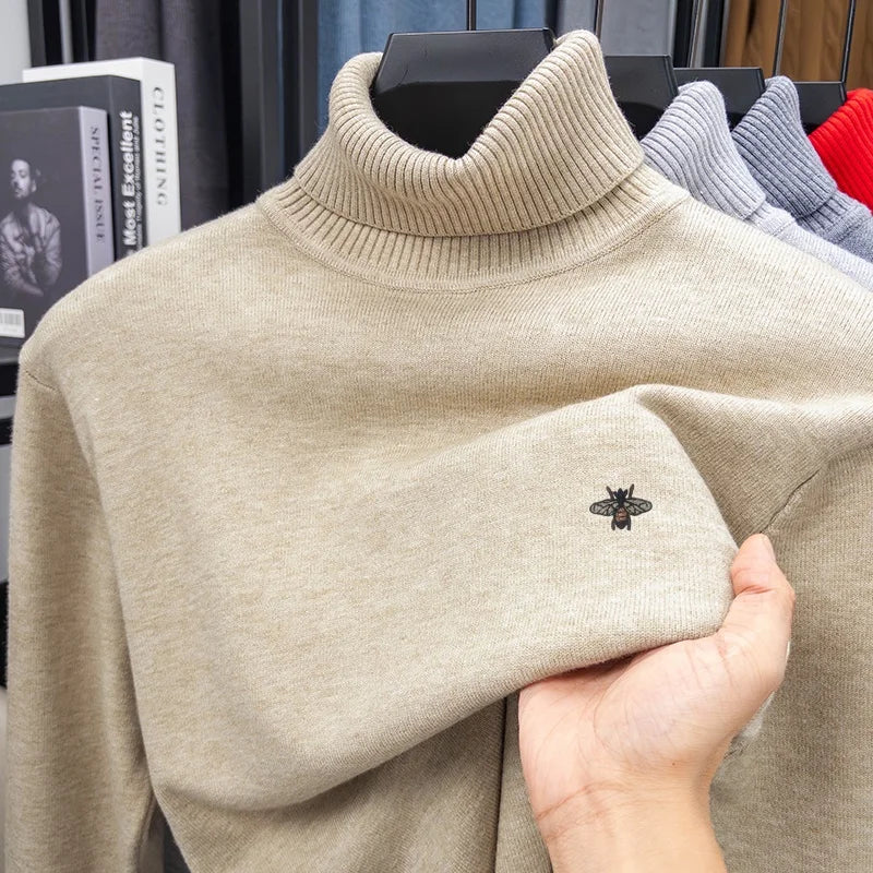 Luxury Brand Men's Autumn Winter Knit Sweater High Neck Long Sleeves Embroidery Pullover Leisure Business Keep Warm Men Clothing