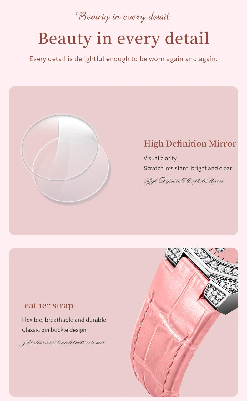 OLEVS NEW Women's Watches Pink Leather Strap Full Diamond New Style Date Waterproof Original Quartz Watch for Girl Fashion