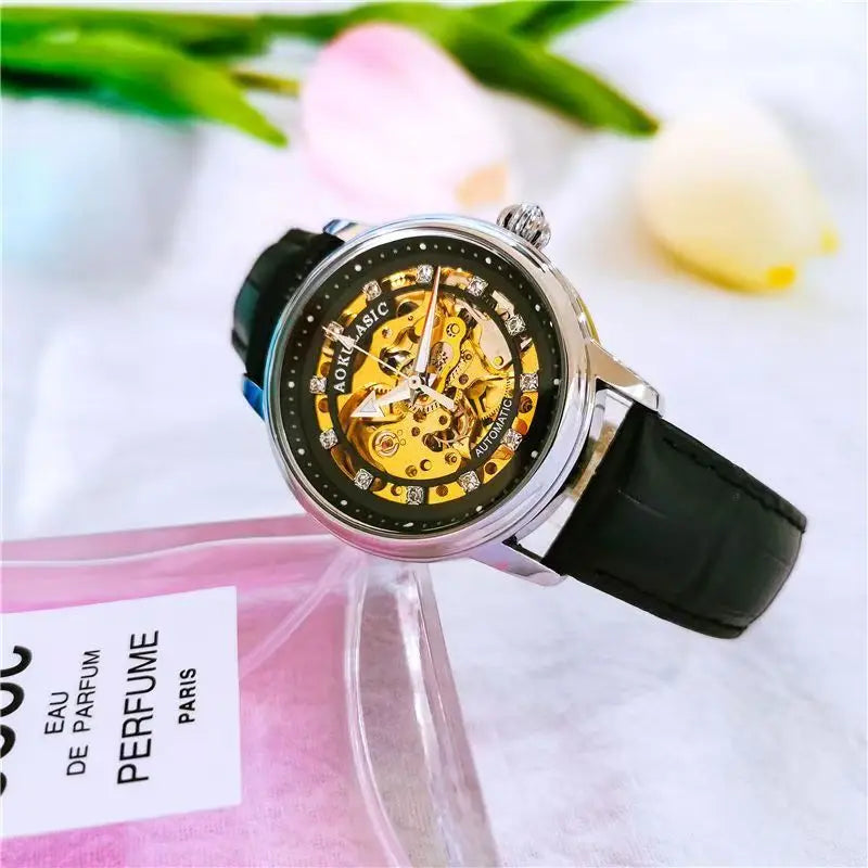 Augas Genuine Cut Out Diamond-Encrusted Fully Automatic Mechanical Watch for Women, Fashionable and Simple Luminous Waterproof Watch for Female Students, a Trendy for Her Best Gift, Without Battery