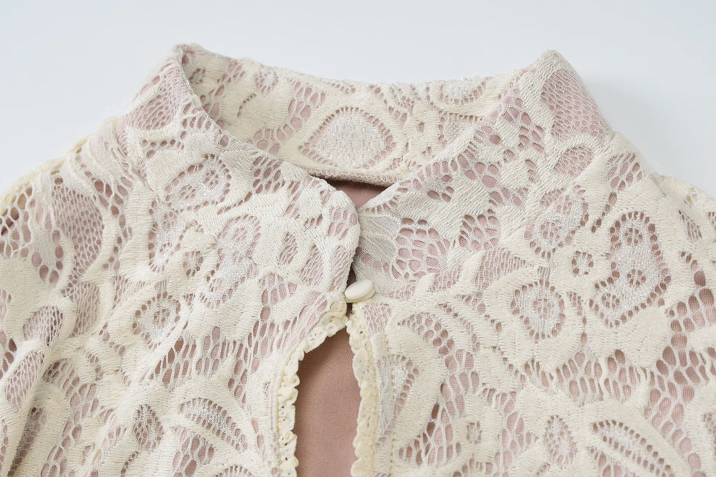 Hugcitar Turtleneck Long Flare Sleeve Patchwork Lace Hollow Out Button Sexy Mini Dress 2025 Spring Women Clothes Party Nightclub