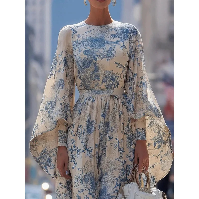 Tinaa Sky Blue Flower Print Long Dresses for Women 2026 Spring Summer New Loose Fit Batwing Sleeve O Neck Elegant Dress 196197