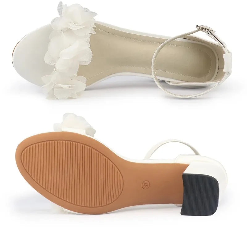 White Women Heels Flower Sandals Summer Wedding Shoes Bride Shoes Black Thick Heels Party Shoes Fashion Open Toe Women Pumps