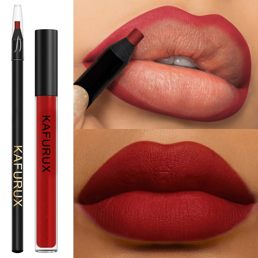 2PCS Sexy Red Lip Liner Pen and Matte Lip Glaze Set Liquid Lipstick Korean Makeup Gifts Lip Gloss High Pigment Lip Tint Cosmetic