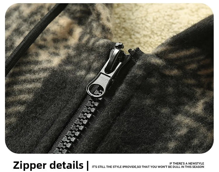 Men's New Plaid Hooded Jacket Sweater Autumn/Winter Fleece Coat Thickened Warm Casual Clothing Windproof Outerwear