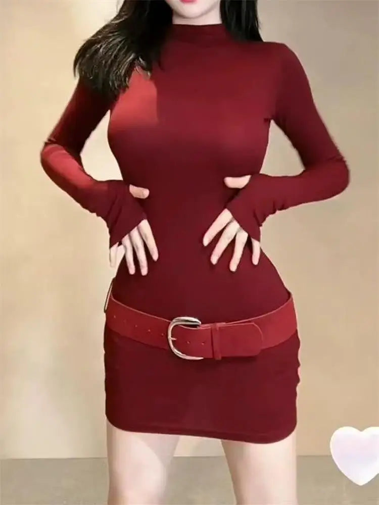 Long Sleeve Slim Bodycon Mini Dress Women Turtleneck Party Christmas Short Evening Club Outfit Dresses Belt Soild Color