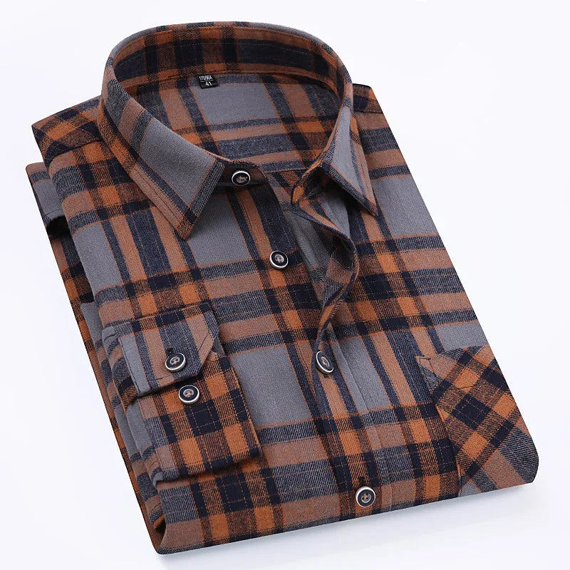 Men's 100% Pure Cotton Flannel Soft Regular-fit Long Sleeve Brushed Shirt Single Pocket Comfortable Casual Plaid Shirts 11XL-9XL