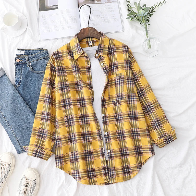Fresh Flannel Plaid Shirt Women 2025 New Female Blouses and Tops Cotton Loose Long Sleeve Casual Shirts Fine Women's Clothes