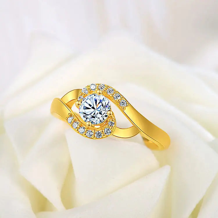 Women's Heart Crystal Diamond Open Ring, 24K Gold, AU999 | "Gentleness" engraving with vine motifs, subtle professional elegance