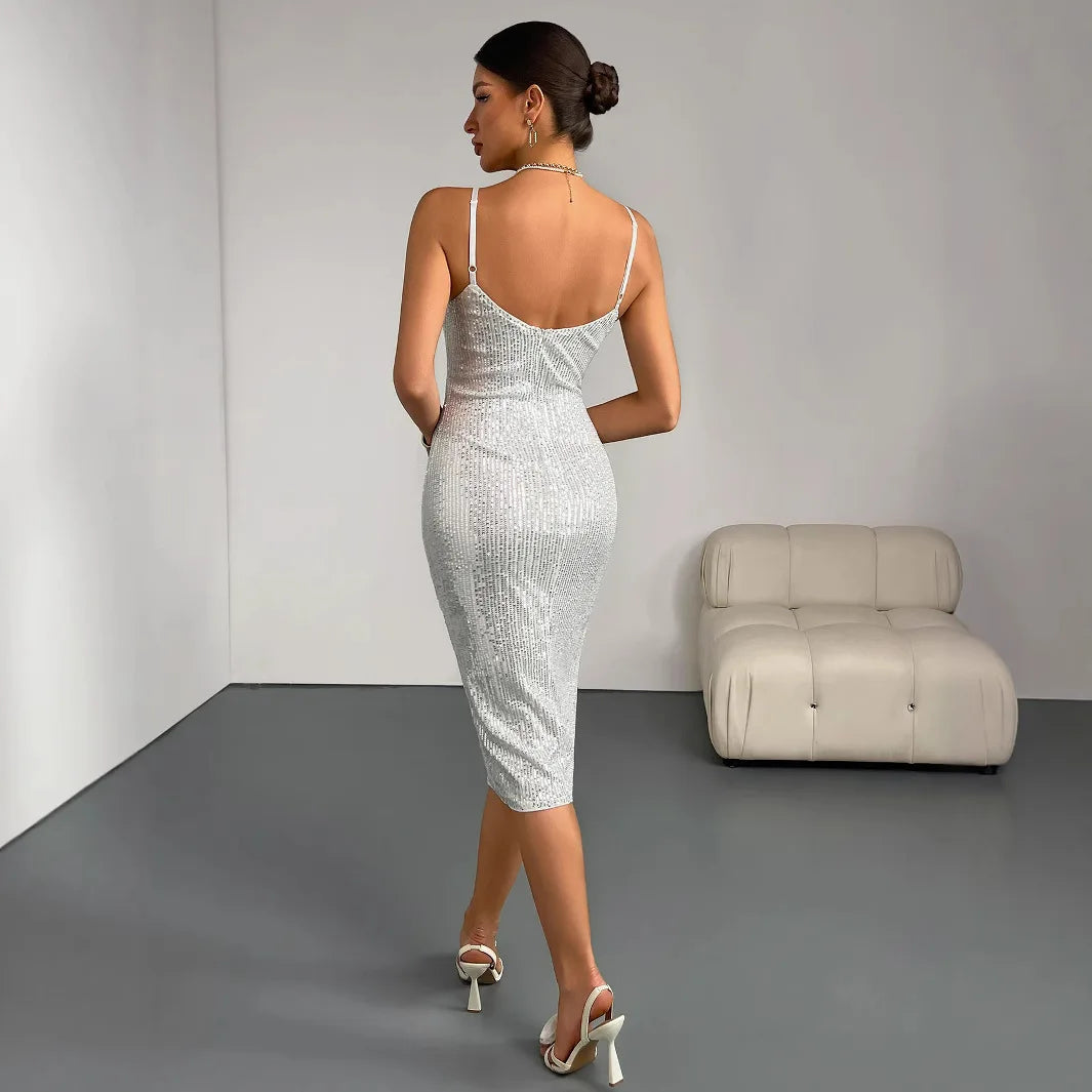 Sexy V-Neck Sequin Bodycon Midi Dress Cross-Border Elegant Adult Formal Gown Polyester Fabric No-Sleeve Long Evening Dress