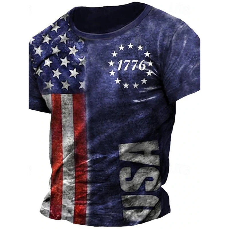 Summer Men's Retro Flag Printed T-shirt 3D Skull Round Neck Short Sleeve Casual Breathable Men's Large Size T Shirt Hot Model
