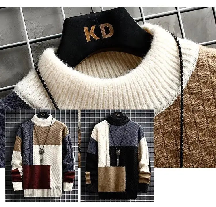Retro Spliced Thickened round Neck Sweater for Men Loose Fit Knitted Winter Fashion Casual Cotton Polyester Blend Knitwear