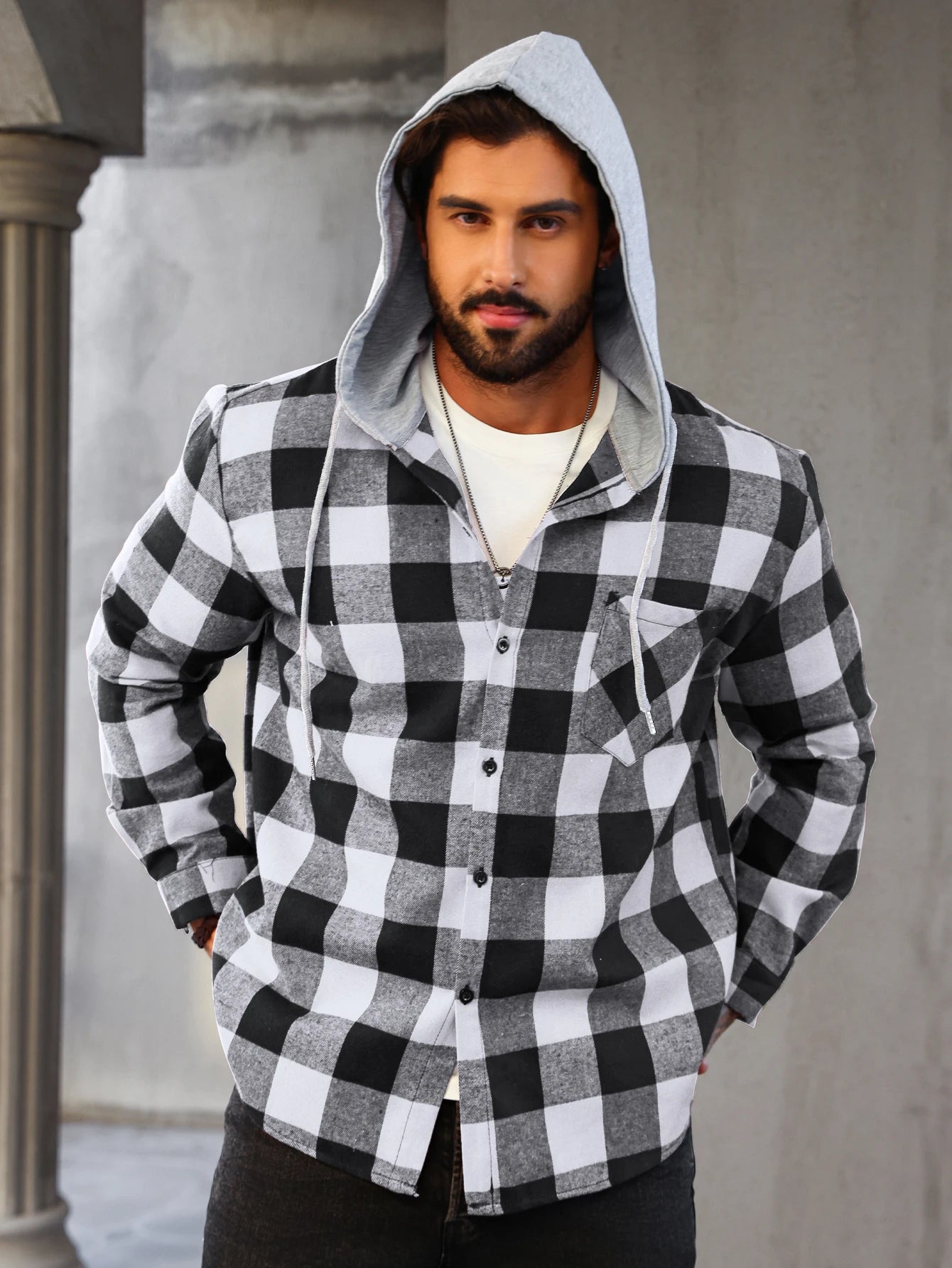 Mens Colorful Plaid Hooded Cardigan Color Block Sweatshirt with Pockets Top Jacket