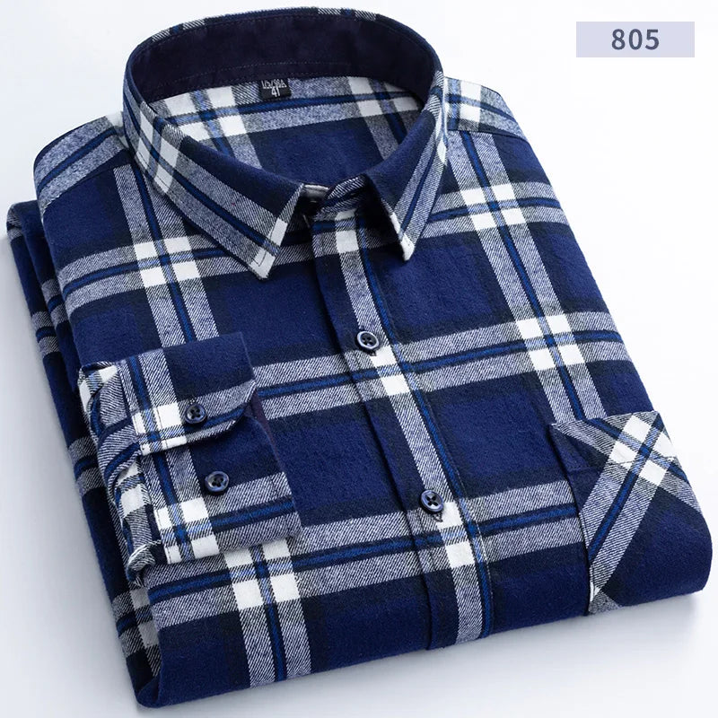 Cotton Flannel Mens Checkered Shirts Long Sleeve Soft Plaid Shirt for Men Leisure Classical Vintage Comfortable Man Clothing New