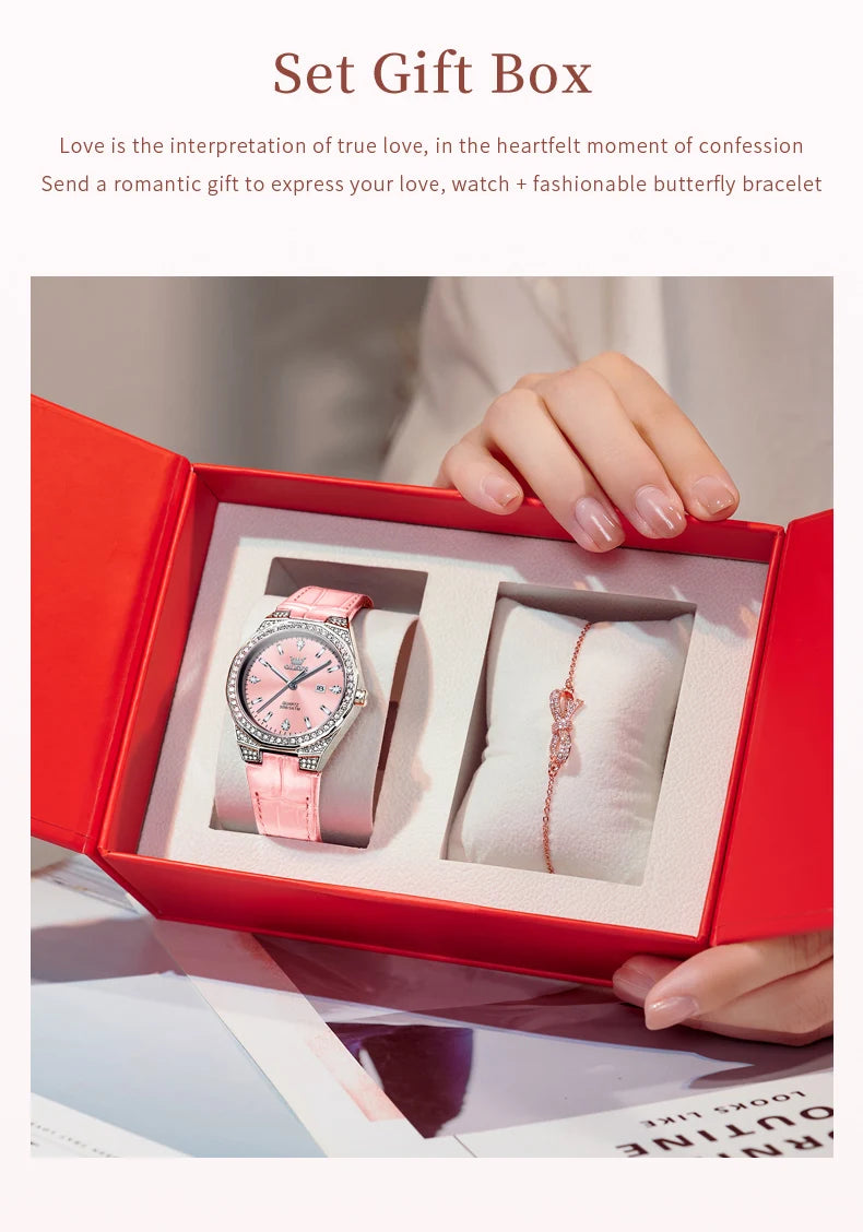 OLEVS NEW Women's Watches Pink Leather Strap Full Diamond New Style Date Waterproof Original Quartz Watch for Girl Fashion