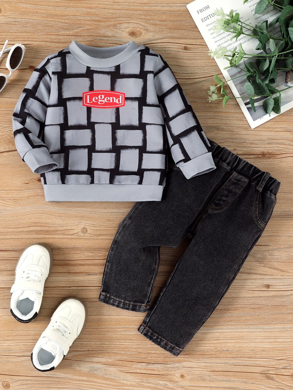 Boys' Trendy Checkered Sweatshirt + Vintage Washed Jeans Two-Piece Set