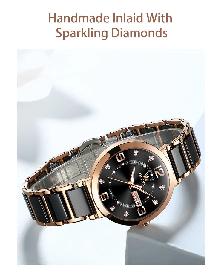 OLEVS New Ceramics Watchstrap Watch For Women Luxury Business Diamonds Wristwatch Fashion Waterproof Dual Calendar Woman Watches