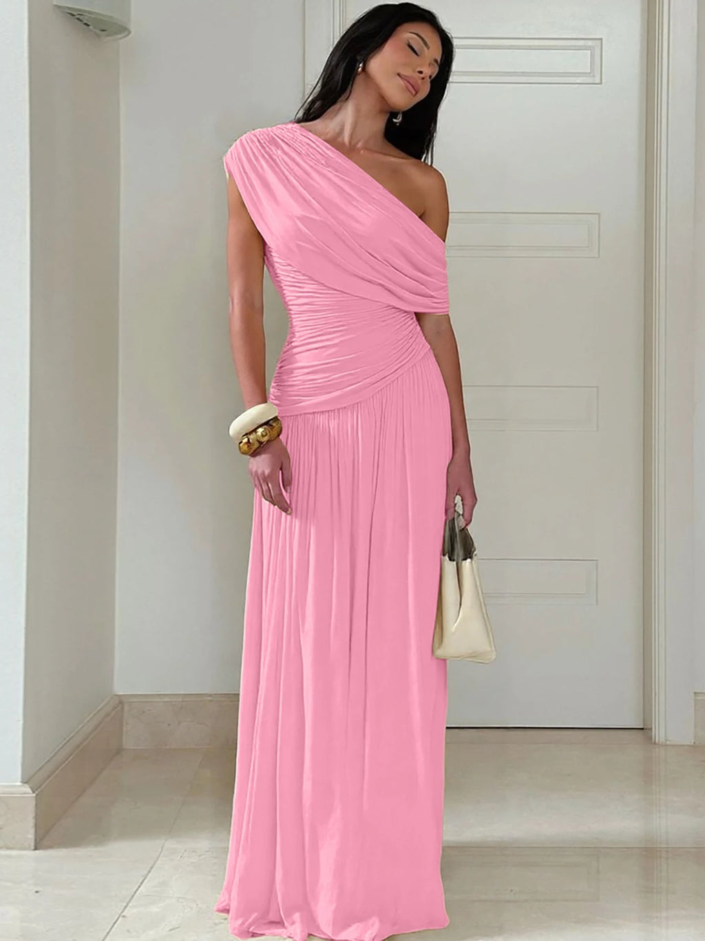 Hugcitar One Shoulder Ruched Sleeveless Solid Pleated Sexy Irregular Y2K Maxi Dress Summer Elegant Party Women Clothes Vacation