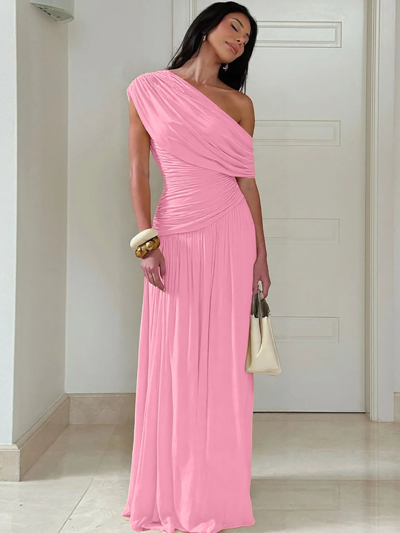 Hugcitar One Shoulder Ruched Sleeveless Solid Pleated Sexy Irregular Y2K Maxi Dress Summer Elegant Party Women Clothes Vacation