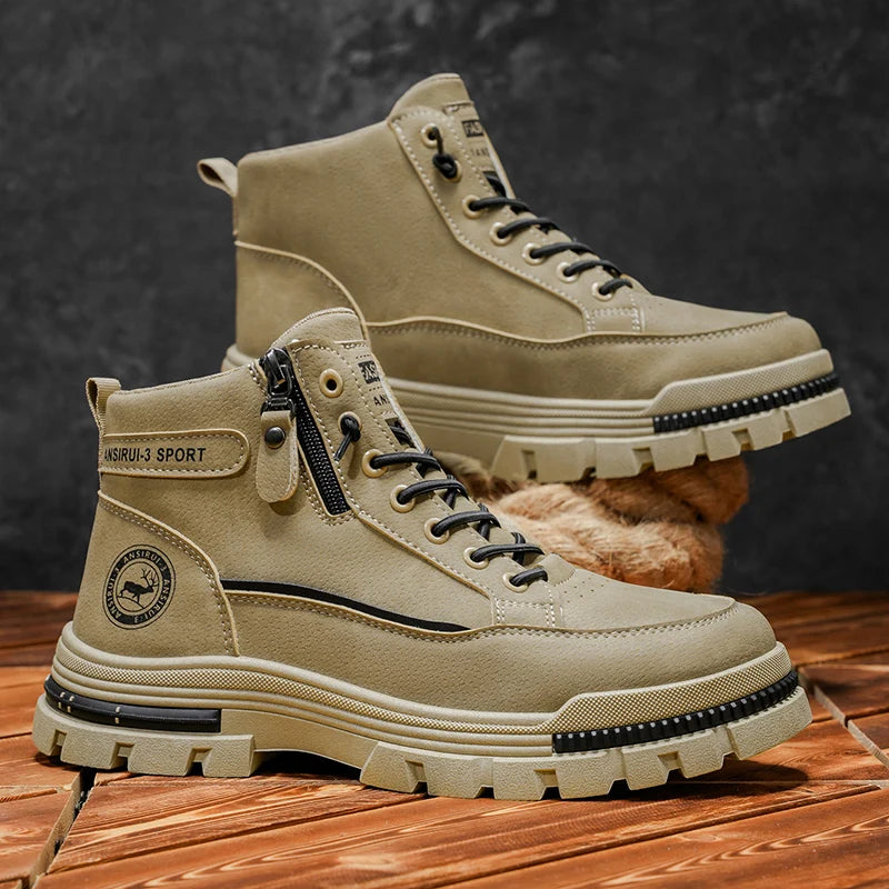 2025 A/W New Men's Mid-High Top Outdoor Work Boots - Zip-Up, Hiking Casual Sports Mountaineering Style