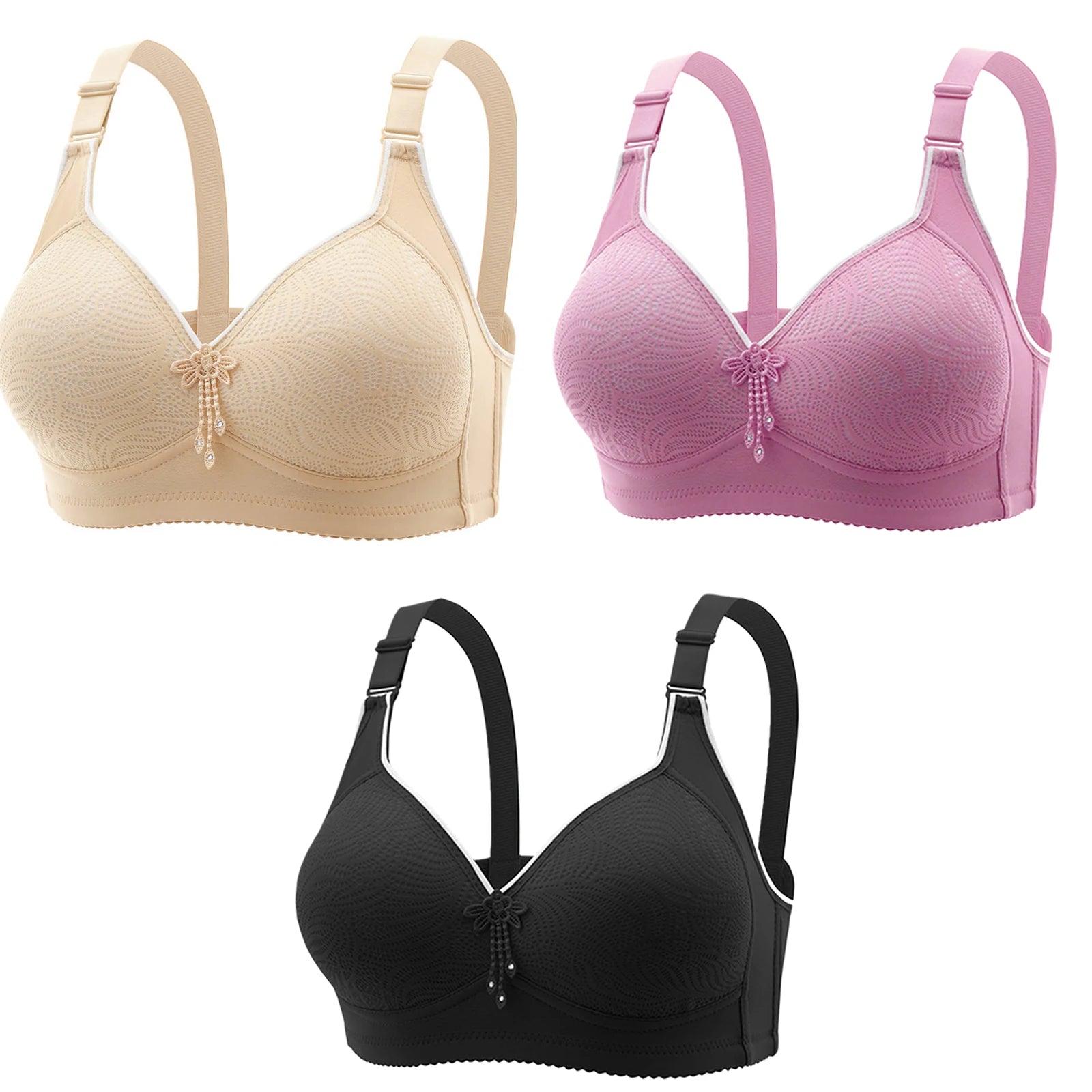 3pcs Women's Bra Lingerie - Appliques Jacquard Lightly Padded Push-Up, Adjustable Straps for Cup A B C D, Sexy Underwear