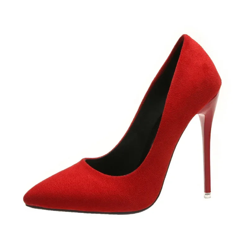 Big Size 35-45 women's shoes 2024 concise flock high heels women pumps pointed toe classic red gray ladies wedding shoes office