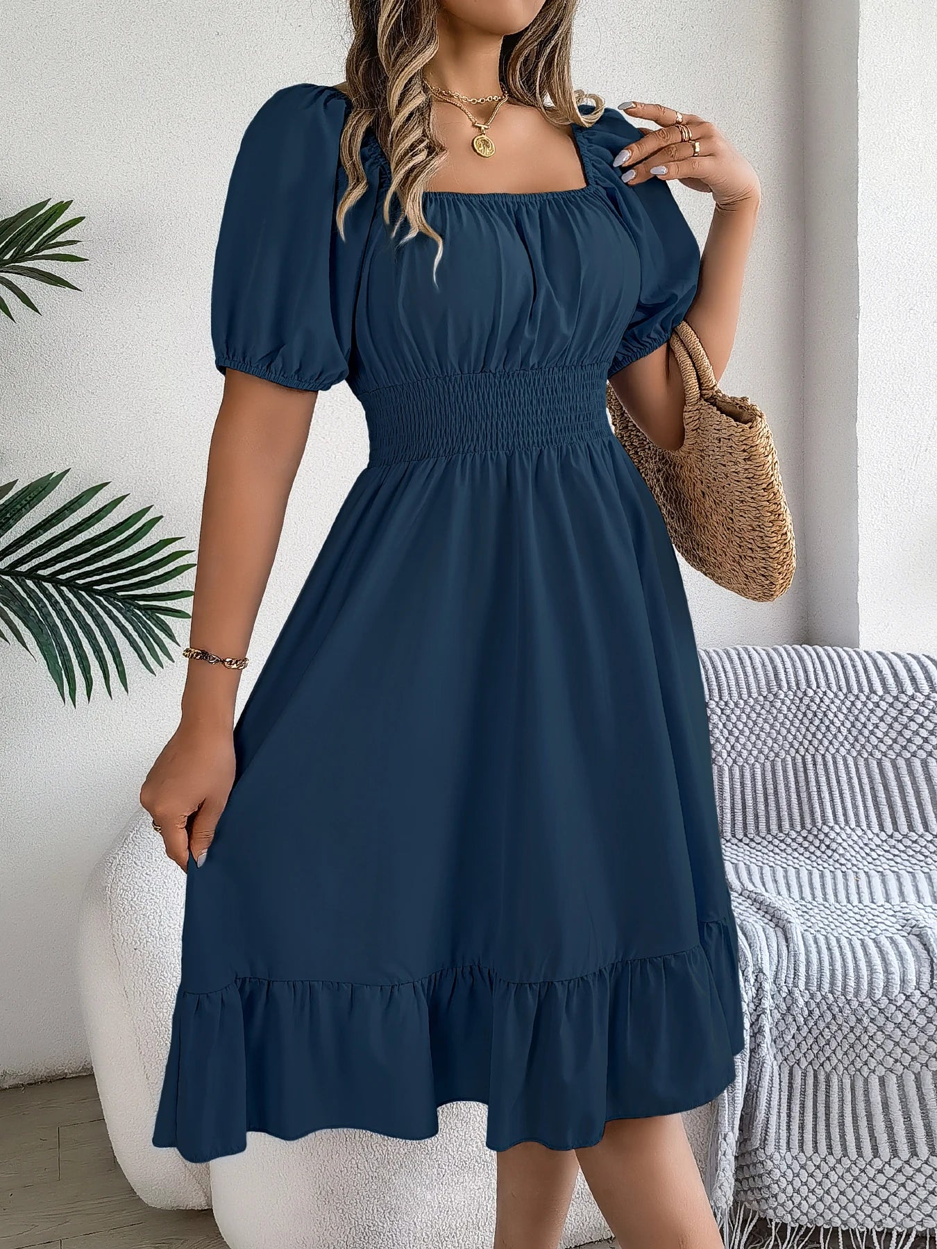 Spring Summer Elegant High Waisted Dress Square Neck Short Sleeved Ruffled Edge Long Dresses for Women 2026 Valentine's Day