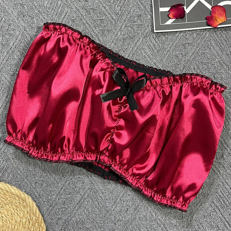 Women's Sexy Lingerie Set Black Lace Trim Strapless Tube Top + Shorts Solid Color Outfits Chest Wrap Backless Crop sleepwear