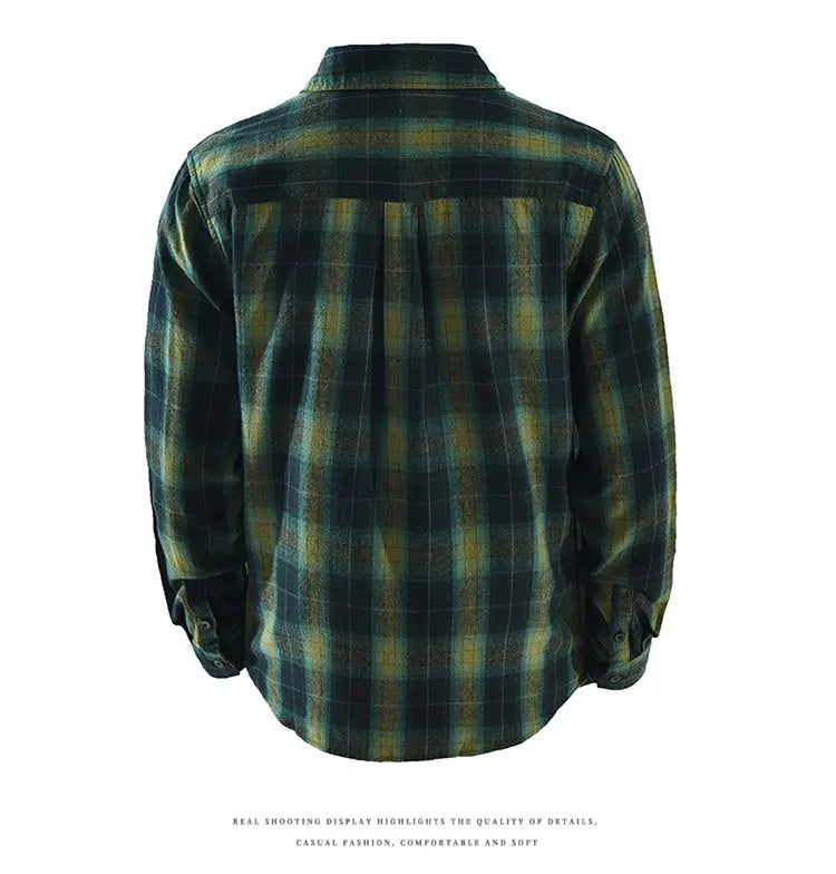 Oversized 100% Cotton Men's Plaid Shirt, Japanese Casual Style, Green Coffee Check Camping Fishing