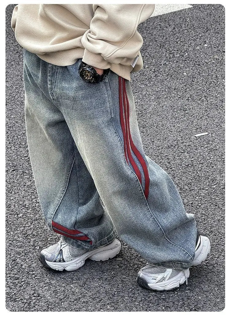 Spring 2026 Children Denim Pants YBFSKID Red Striped Spliced Toddler Kids Boys Jeans Little Baby Boys Trousers 2-10Y Boys Pants