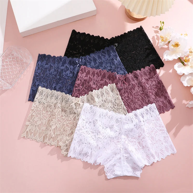 4PCS Women Floral Lace Panties Sexy Perspective Underwear V Waist Solid Color Underpants Female Breathable Intimates Lingerie