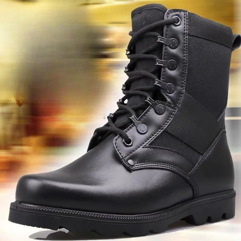Men's Security Boots Black High-top Leather Boots Outdoor Tactical Combat Boots Anti Slip Hiking Boot Hunting Safety Shoes Botas