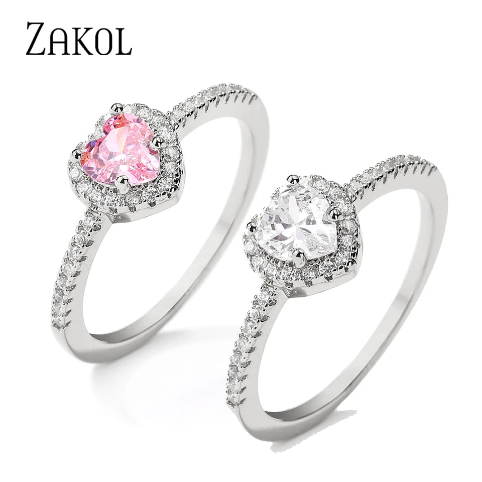 ZAKOL Exquisite Clear Pink Zircon Heart Engagement Ring for Women Charm Shiny AAA CZ Wedding Ring Jewelry Gift